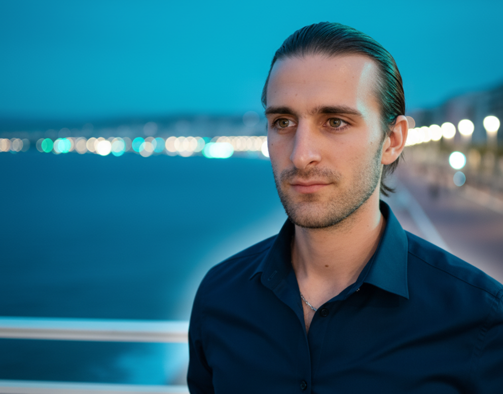 Portrait professionnel d’un consultant SEO et expert en marketing digital, en chemise bleue, en extérieur de nuit.